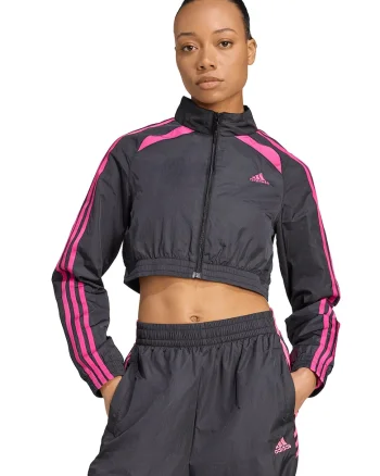 Bluza crop de trening cu fermoar si maneci cu dungi, Roz/Gri antracit