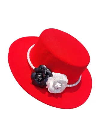 Palarie rosie, stil canotiera, handmade, cu flori si perle, marime 56-58, Senaida