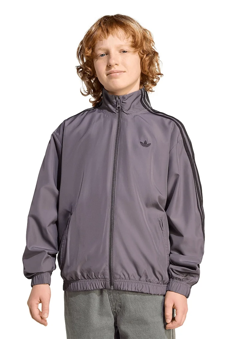 Bluza de trening cu fermoar si dungi laterale, Negru/Gri inchis