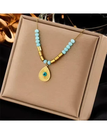 Colier auriu, din otel inoxidabil, cu margelute turquoise, suflat cu aur 18k, Berna C11