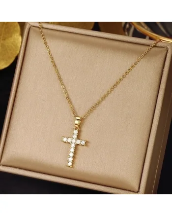 Colier auriu, din otel inoxidabil, suflat cu aur 18k, cu cruciulita si pietre din zirconiu, Ineke C4