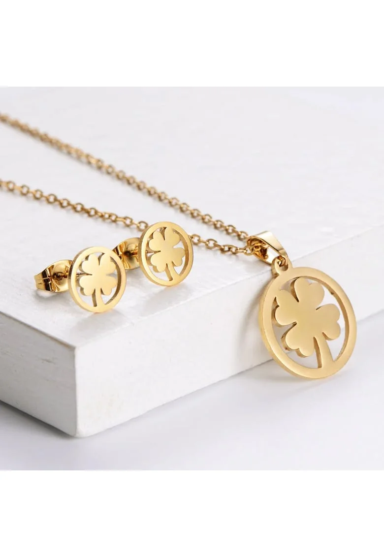 Set colier si cercei, auriu, din otel inoxidabil, suflat cu aur 18k, forma de trifoi, Helena C3