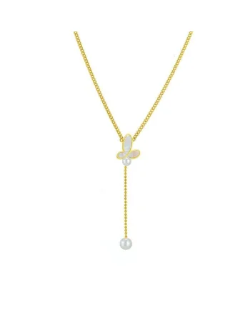 Colier auriu, din otel inoxidabil, suflat cu aur 18k, cu fluturas si perla, Diona C12