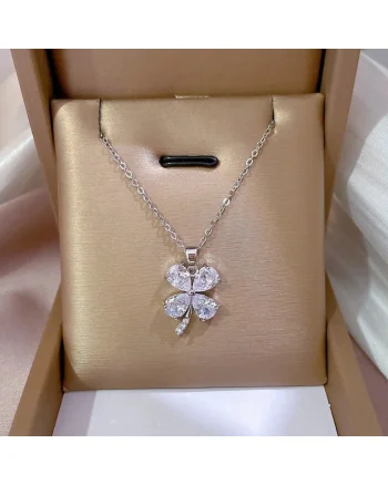 Colier argintiu, din otel inoxidabil, suflat cu aur 18k, cu trifoi si pietre din zirconiu, Hilda C3