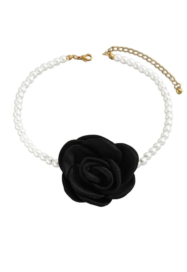 Colier choker, auriu, cu perle si floare, Olivera C3