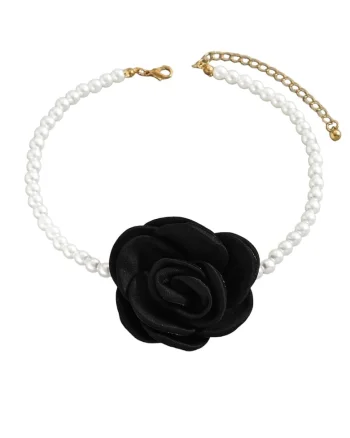 Colier choker, auriu, cu perle si floare, Olivera C3