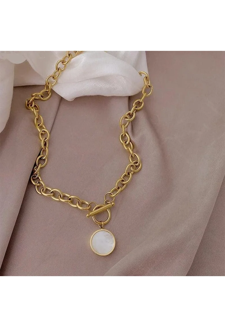 Colier auriu, din otel inoxidabil, cu zale si pandantiv rotund, suflat cu aur 18k, Berenice C9