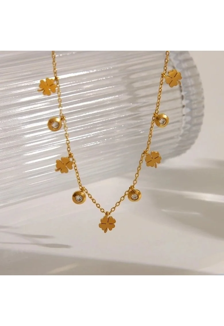 Colier auriu, din otel inoxidabil, suflat cu aur 18k, cu trifoi si pietre din zirconiu, Heika C3
