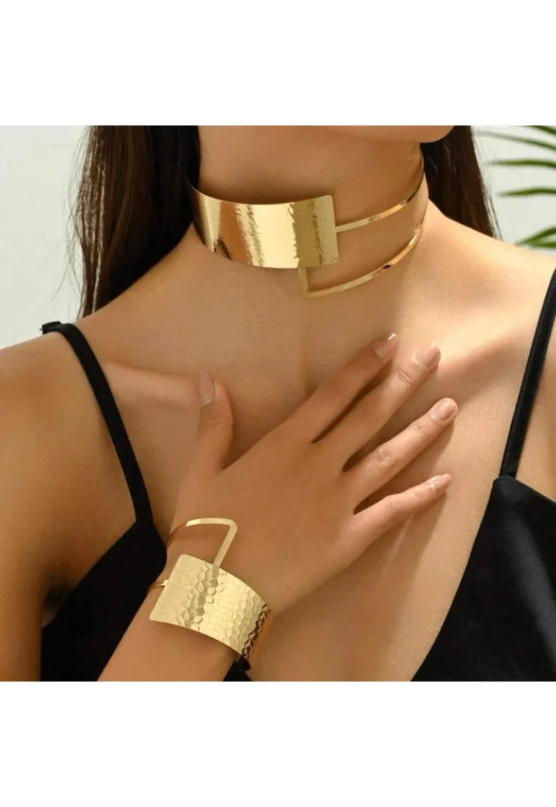 Set colier choker si bratara, auriu, texturat, Jousia C16