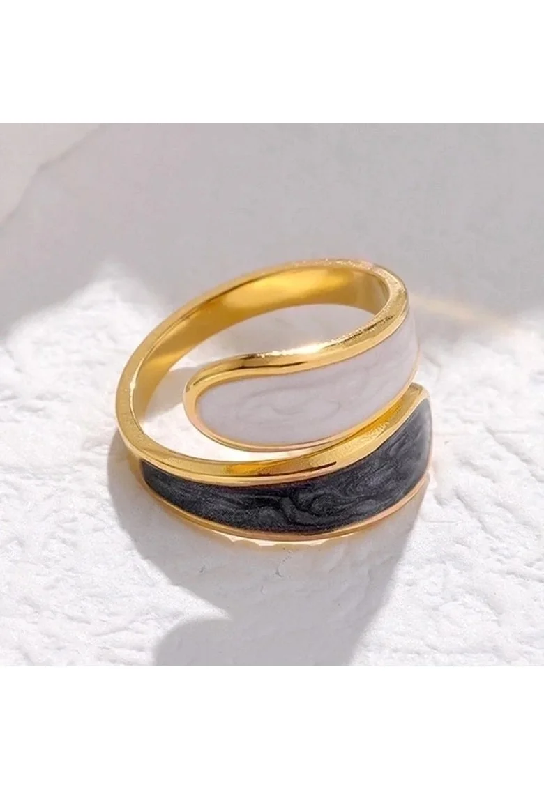 Inel auriu, reglabil, din otel inoxidabil, suflat cu aur 18k, forma abstracta, Pekka C8