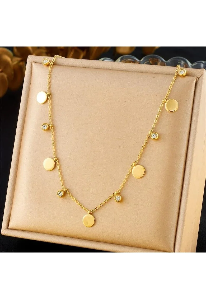 Colier auriu, din otel inoxidabil, suflat cu aur 18k, cu banuti si pietre din zirconiu, Denice C12