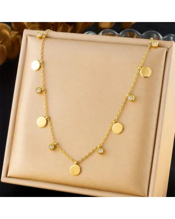 Colier auriu, din otel inoxidabil, suflat cu aur 18k, cu banuti si pietre din zirconiu, Denice C12