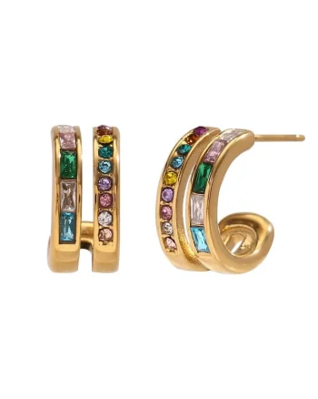 Cercei aurii, din otel inoxidabil, cu pietre colorate din zirconiu, suflati cu aur 18k, Gabriela C1