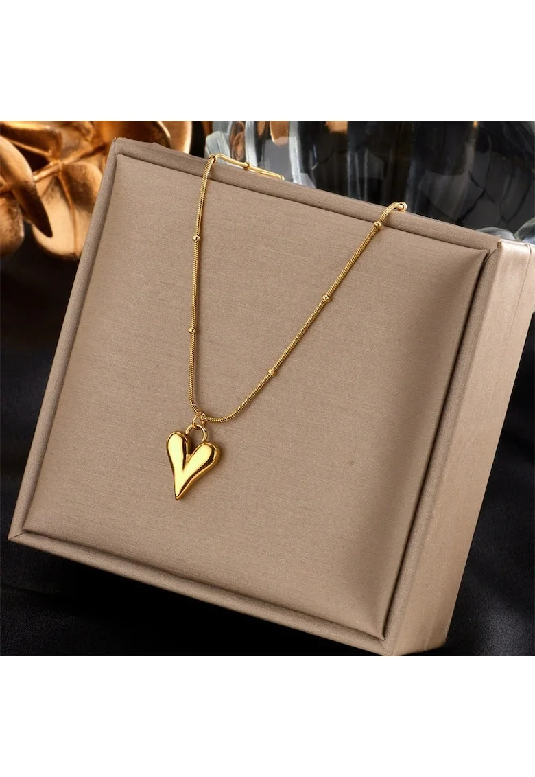 Colier auriu, din otel inoxidabil, suflat cu aur 18k, cu pandantiv inima, Heralda C3