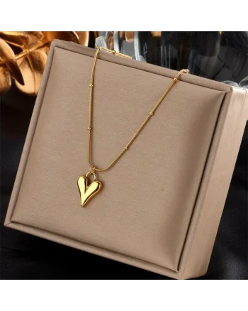 Colier auriu, din otel inoxidabil, suflat cu aur 18k, cu pandantiv inima, Heralda C3