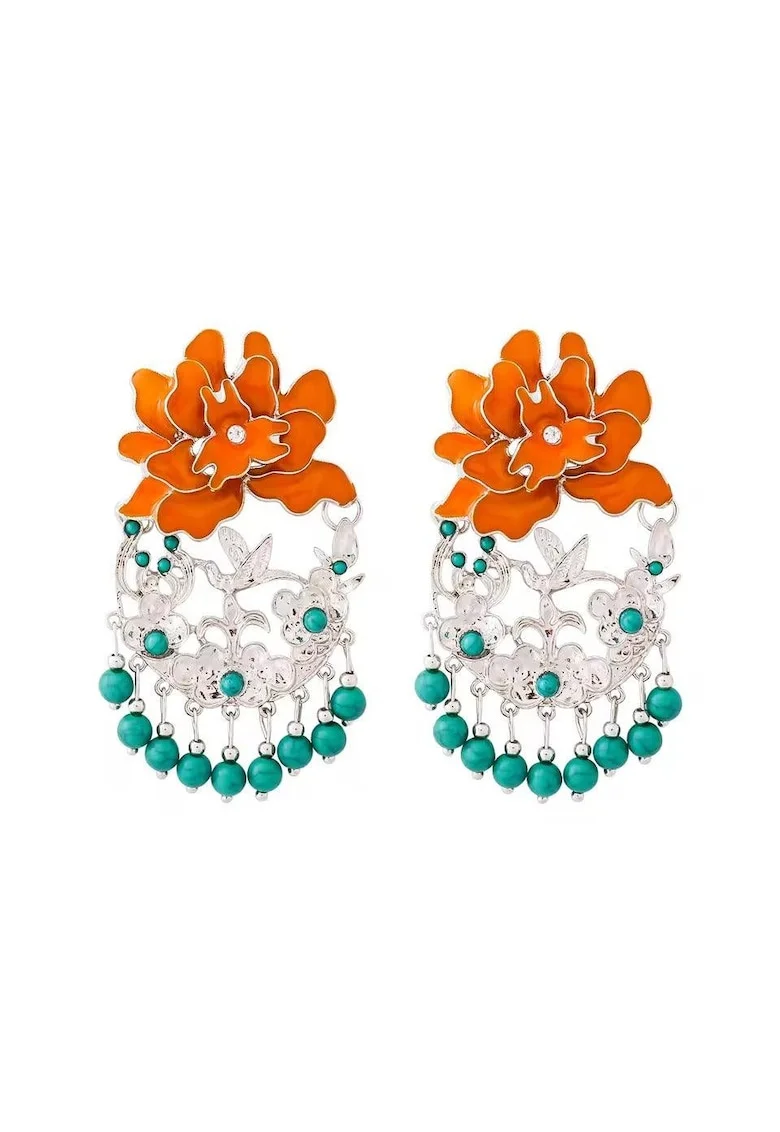 Cercei argintii, masivi, cu floare portocalie si margelute turquoise, Pernille C1