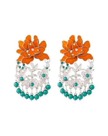 Cercei argintii, masivi, cu floare portocalie si margelute turquoise, Pernille C1