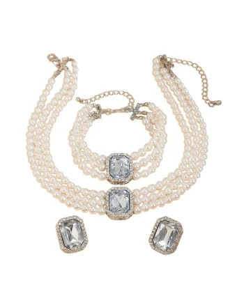 Set colier choker, cercei si bratara, argintiu, cu perle si pietre, Ruddy C4