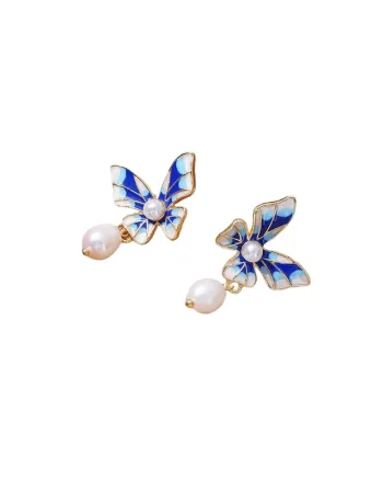 Cercei aurii, cu clips, forma de fluture, cu perle, Ioulia C5,