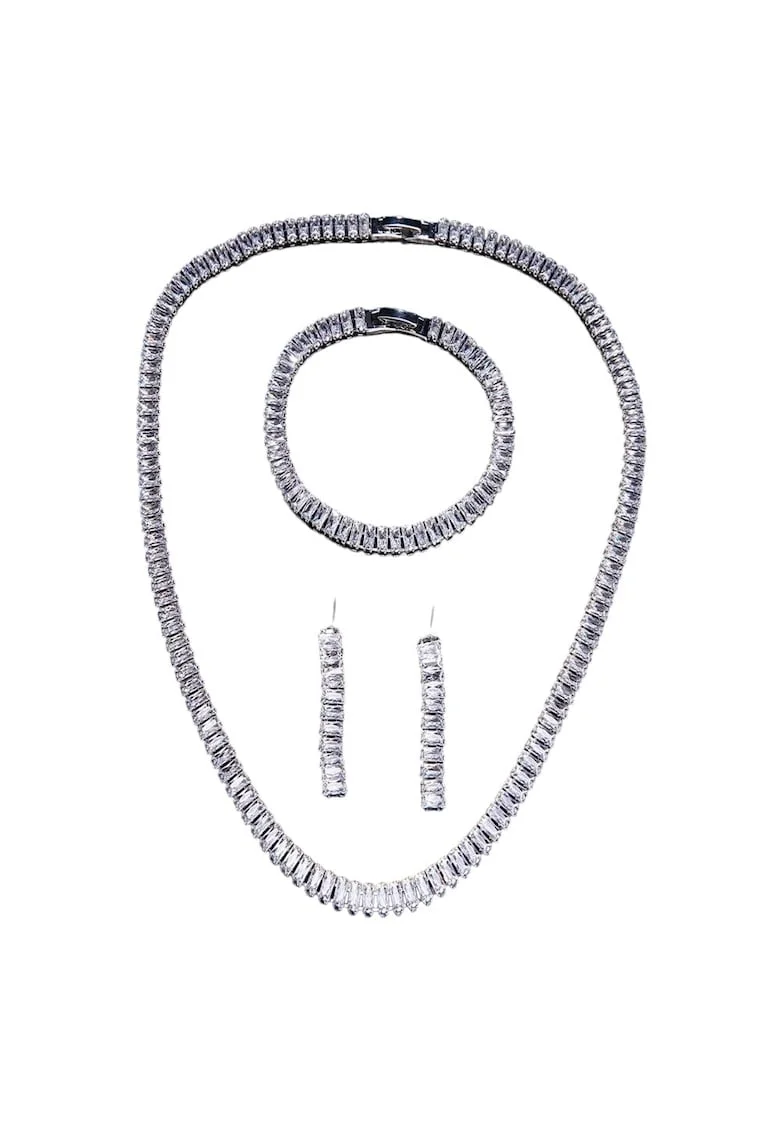 Set colier, cercei si bratara, tennis, argintiu, cu pietre din zirconiu, Nich C16