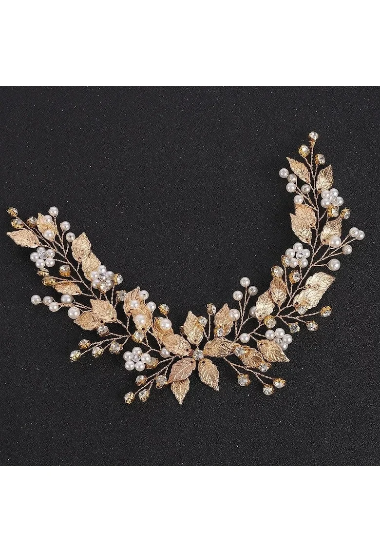 Accesoriu de par, auriu, cu frunzulite si perle, Elsy C15,
