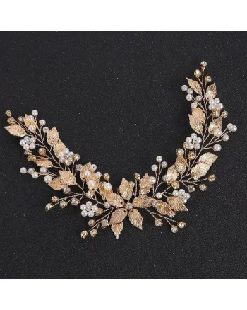Accesoriu de par, auriu, cu frunzulite si perle, Elsy C15,