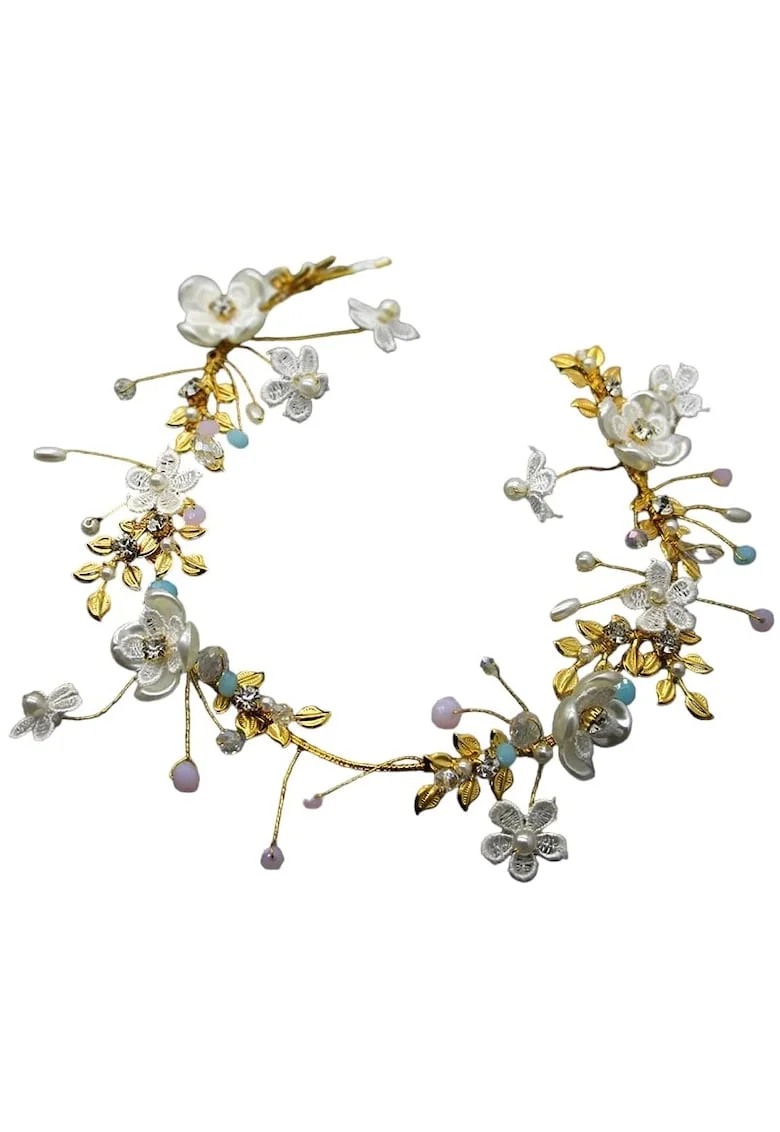 Coronita aurie, cu flori, pietre si perle, Malen C2,