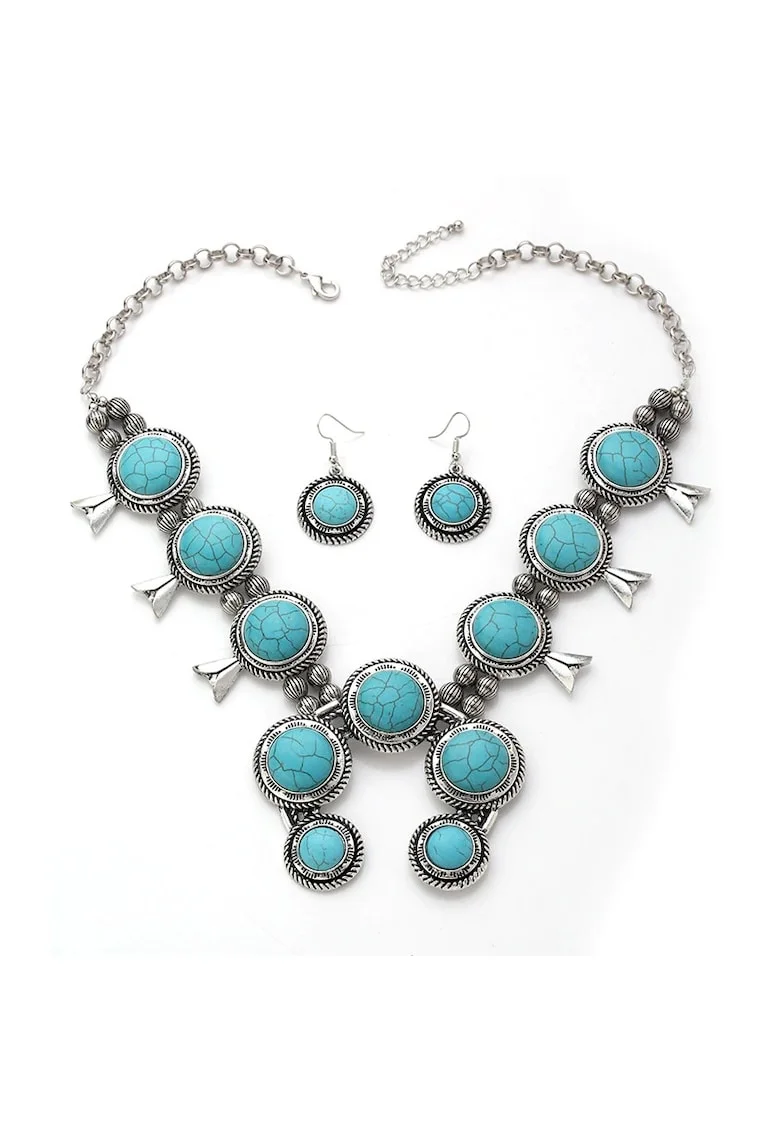 Set colier si cercei, argintiu, masiv, cu pietre turquoise, Hilvor C1,