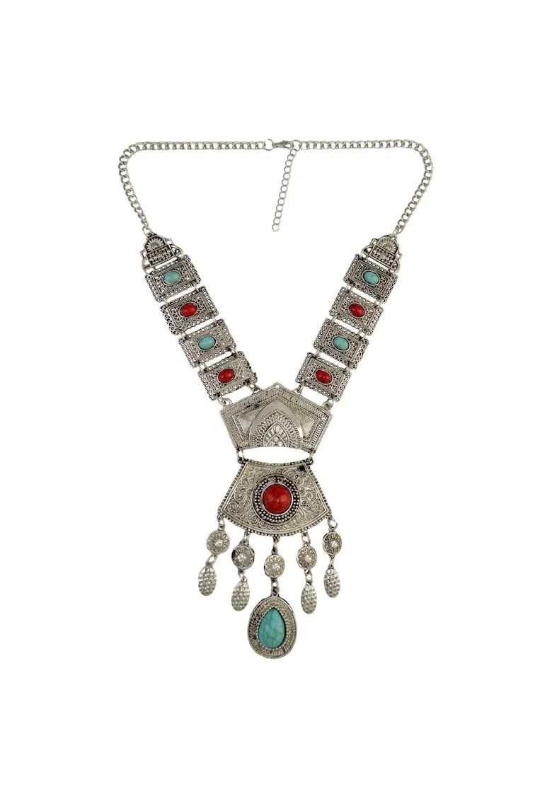 Colier argintiu, cu pietre rosii si turquoise, Saron C12,