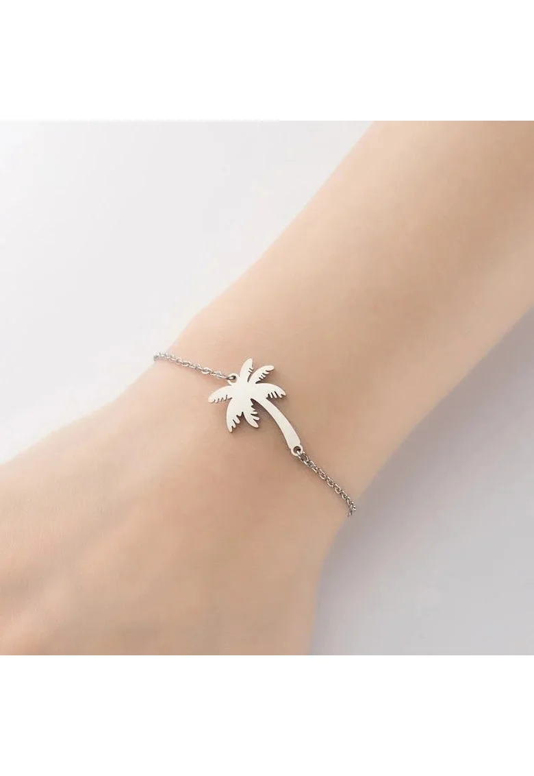 Bratara argintie, din otel inoxidabil, suflata cu aur 18k, cu palmier, Jasmin C6