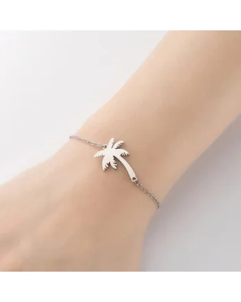 Bratara argintie, din otel inoxidabil, suflata cu aur 18k, cu palmier, Jasmin C6