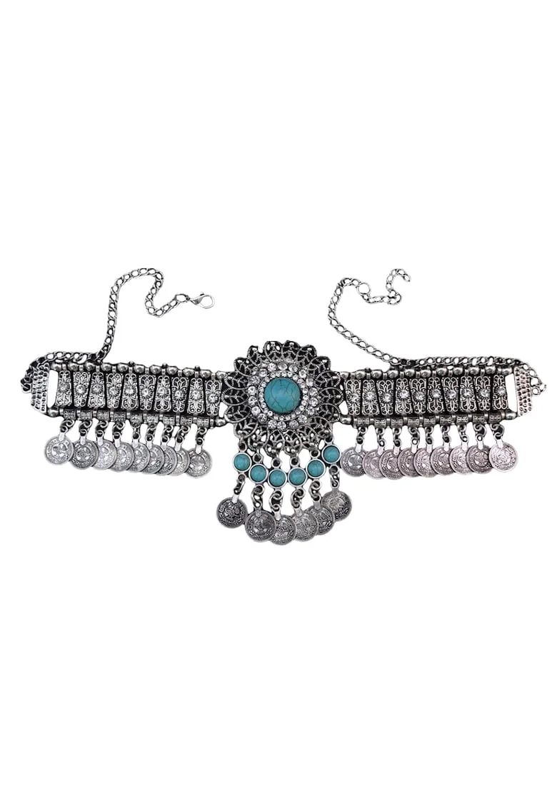 Colier argintiu, cu banuti si pietre turquoise, Sasia C8,