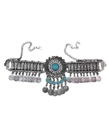 Colier argintiu, cu banuti si pietre turquoise, Sasia C8,