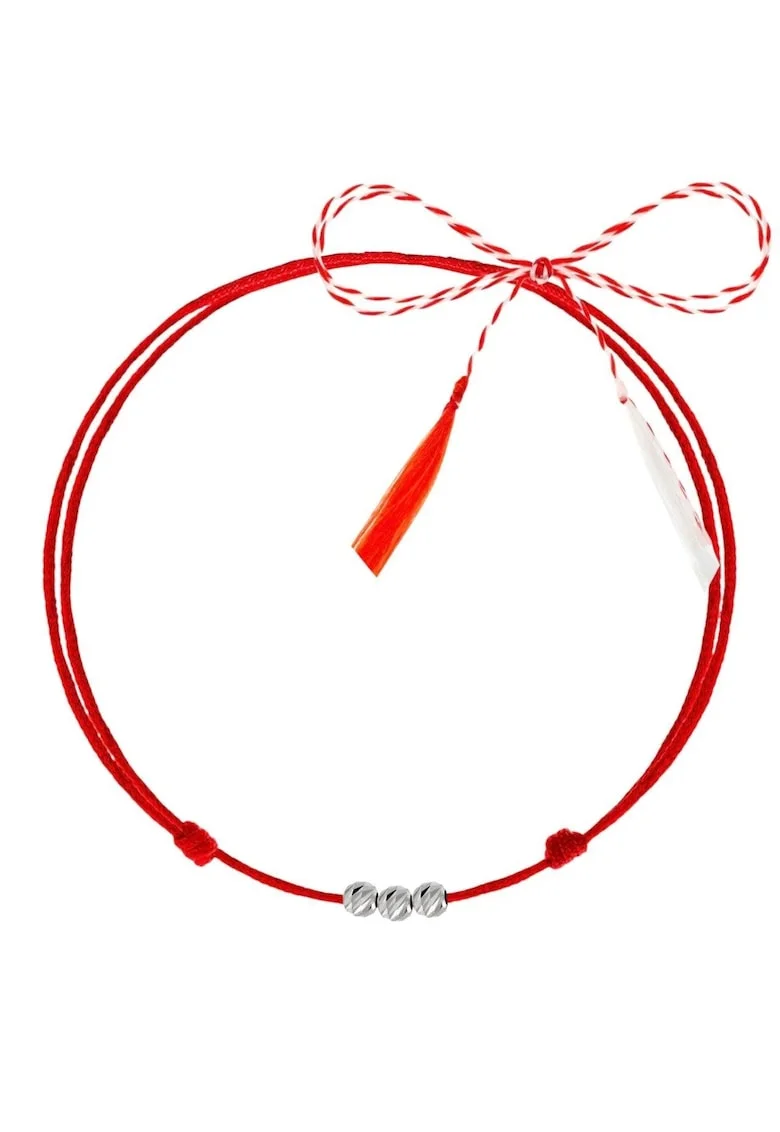 Martisor tip bratara, argintiu, cu 3 bile argint 925 si snur rosu reglabil C1