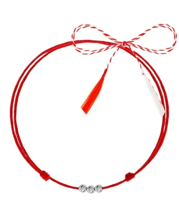 Martisor tip bratara, argintiu, cu 3 bile argint 925 si snur rosu reglabil C1