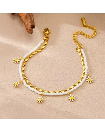 Bratara de picior, aurie, din otel inoxidabil, suflata cu aur 18k, cu margelute si floricele, Afrodite C4