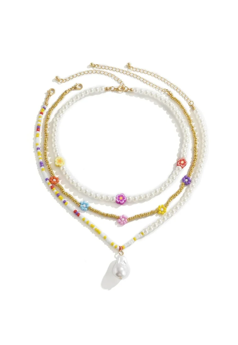 Set 3 coliere, aurii, cu perle si margelute colorate, Karda C1,