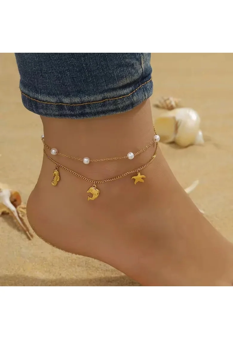 Bratara de picior, aurie, din otel inoxidabil, suflata cu aur 18k, cu motive marine si perlute, Adama C4