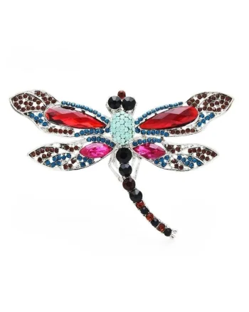 Brosa argintie, forma de libelula, cu pietre multicolore, Robertha C1