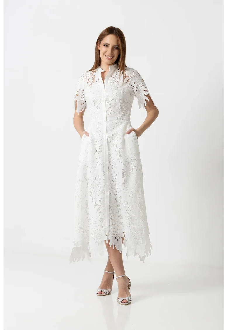 Rochie midi albă din dantelă brodată, tip cămașă, cu buzunare laterale