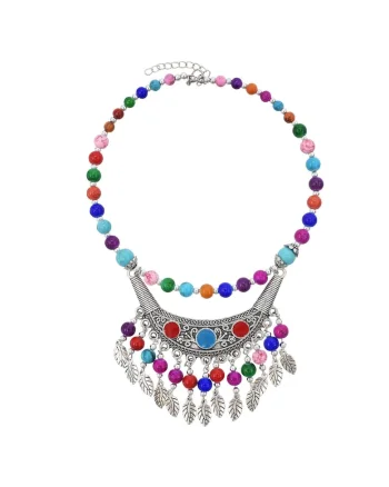 Colier argintiu, stil boho, cu margelute colorate, Leocadia C28,