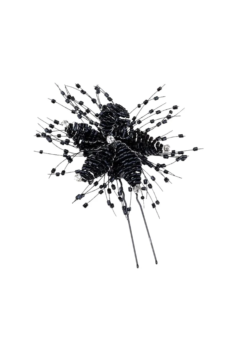 Accesoriu de par, negru, tip ac, cu floare si margelute, Cornelie C9,