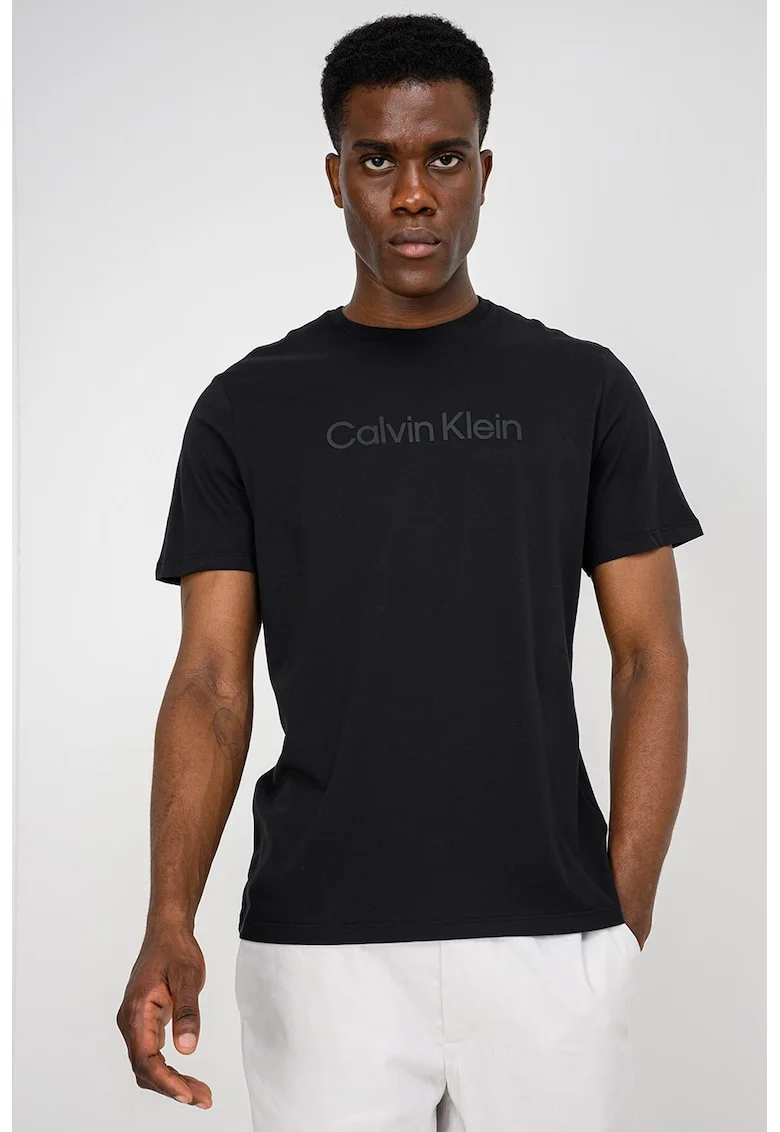 Tricou de bumbac cu decolteu la baza gatului si logo frontal, Negru