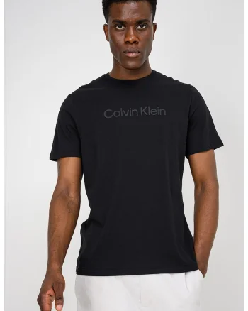 Tricou de bumbac cu decolteu la baza gatului si logo frontal, Negru