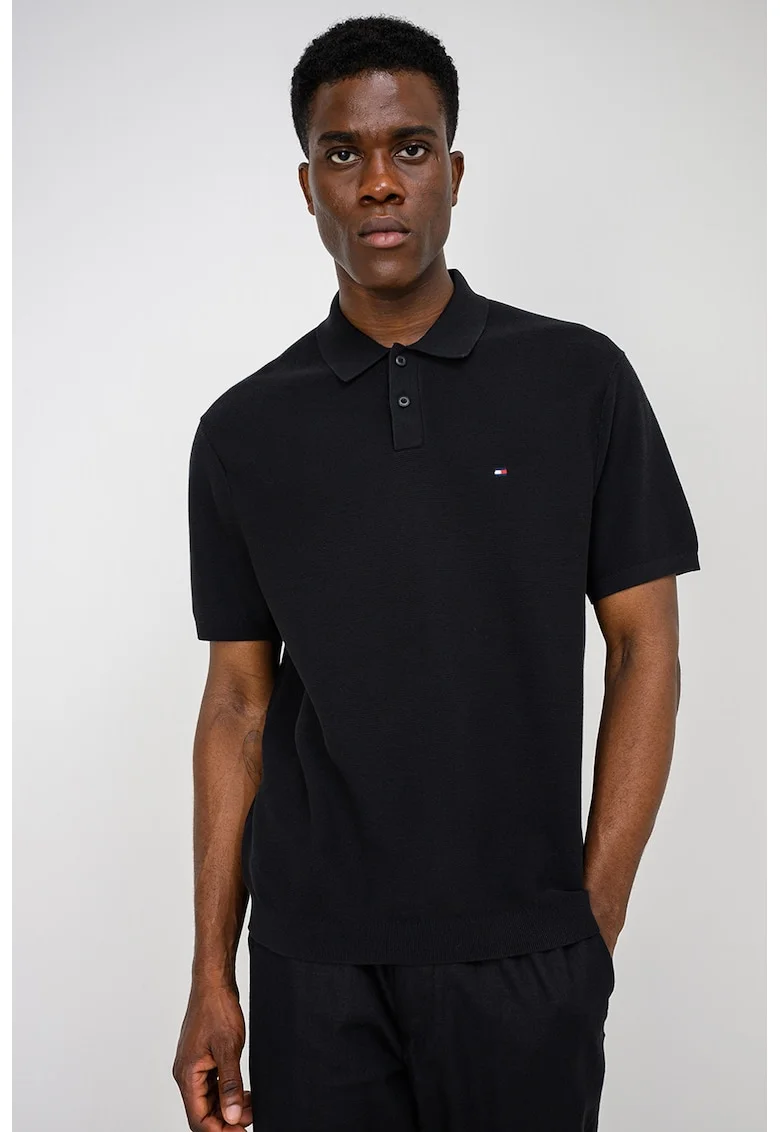 Tricou polo din bumbac organic cu detaliu cu logo discret, Negru