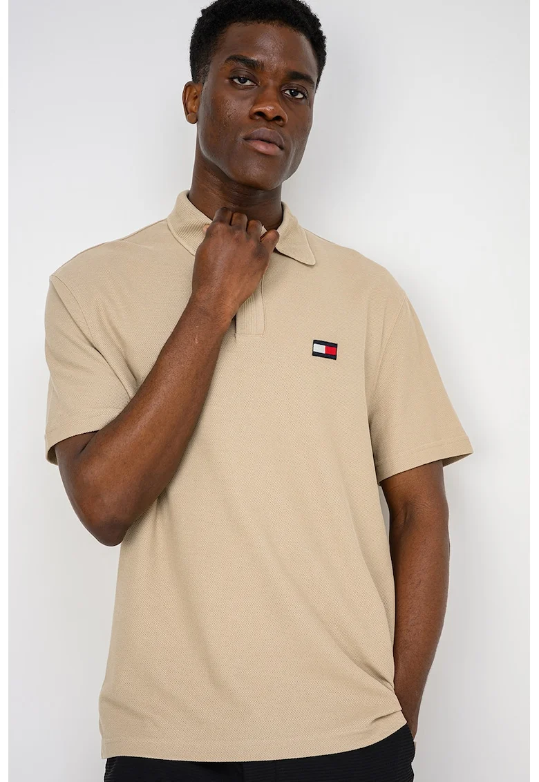 Tricou polo cu guler cu aspect striat, Bej inchis
