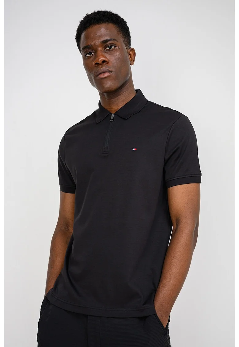 Tricou polo regular fit cu fenta scurta cu fermoar Interlock, Negru