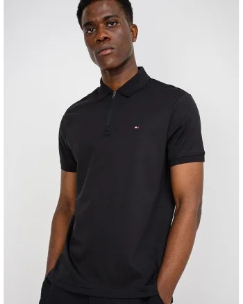 Tricou polo regular fit cu fenta scurta cu fermoar Interlock, Negru