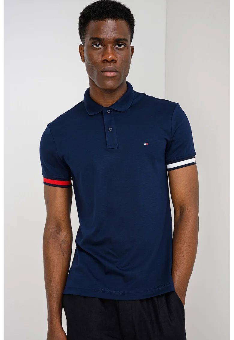 Tricou polo slim fit cu mansete contrastante, Bleumarin