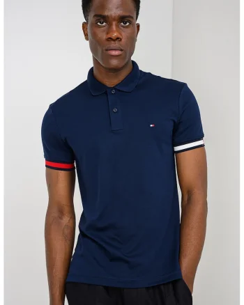 Tricou polo slim fit cu mansete contrastante, Bleumarin